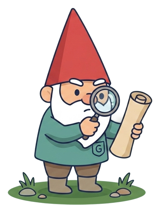The GnomeOwner gnome reading a scroll